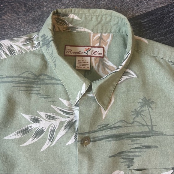 Silk Cotton Blend Paradise Blue Green Floral Men's Shirt Size Large Button Up - Picture 2 of 5